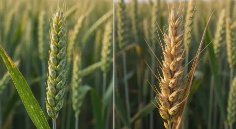 Espigas de trigo saudáveis comparadas com espigas com deficiência de cobre