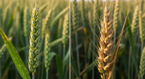 Espigas de trigo saudáveis comparadas com espigas com deficiência de cobre