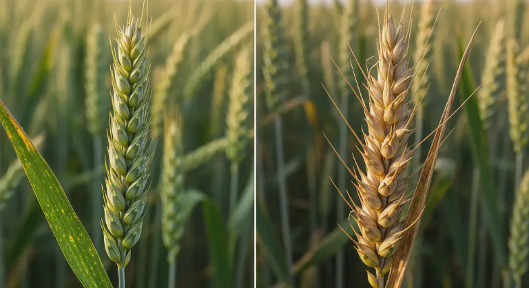 Deficiência de Cobre em Espigas de Trigo Espigas de trigo saudáveis comparadas com espigas com deficiência de cobre