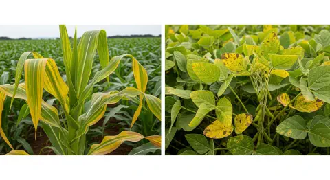 Folhas de milho e soja com sintomas de deficiência de cobre