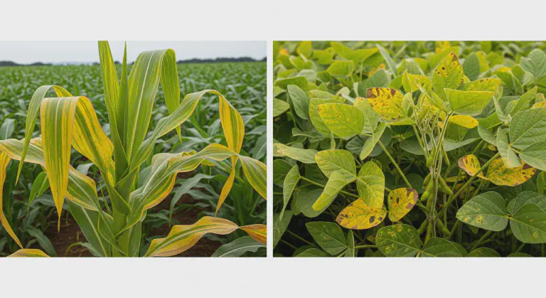Deficiência de Cobre em Milho e Soja Folhas de milho e soja com sintomas de deficiência de cobre