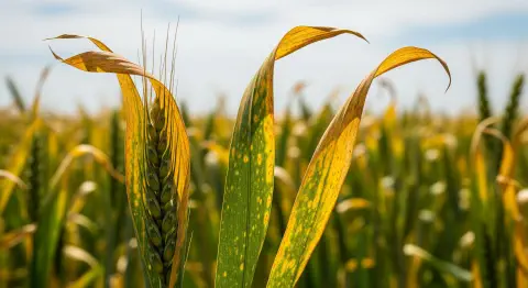 Planta de trigo com sintomas de deficiência de cobre, folhas amareladas e enrugadas nas pontas