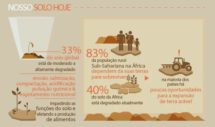 Degradação do Solo: Dados e Impactos na Agricultura Este é um infográfico informativo sobre o estado atual da degradação do solo em escala global e com um foco específico na Áfr