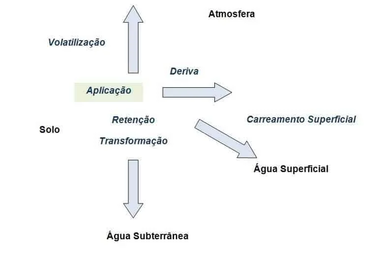 diagrama esquemático que ilustra os diferentes destinos de um produto químico, como um defensivo agríco