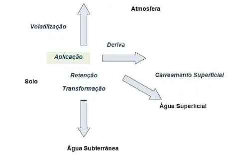 diagrama esquemático que ilustra os diferentes destinos de um produto químico, como um defensivo agríco