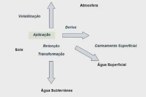 diagrama esquemático que ilustra os diferentes destinos de um produto químico, como um defensivo agríco