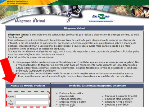 uma captura de tela da página web do 'Diagnose Virtual', um software desenvolvido pela Embrapa em parceria com