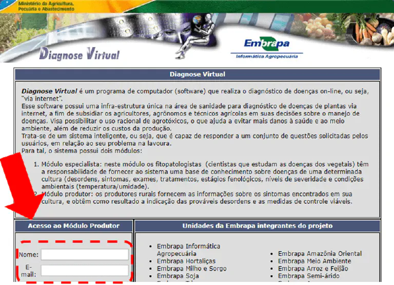Diagnose Virtual Embrapa: Diagnóstico de Doenças de Plantas uma captura de tela da página web do 'Diagnose Virtual', um software desenvolvido pela Embrapa em parceria com