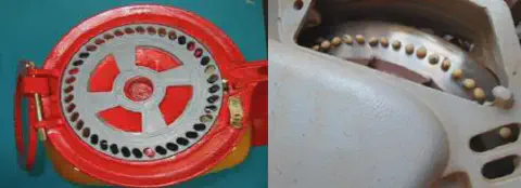 Esta imagem composta exibe em detalhe o funcionamento de um disco dosador de sementes, um componente crucial de uma plantadei