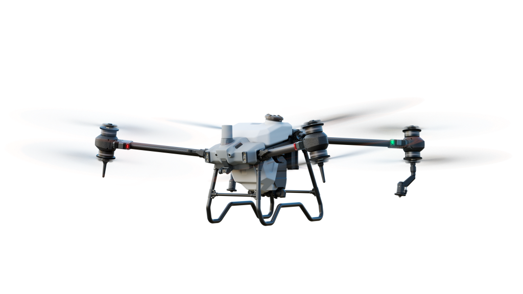 drone agrícola pulverizador em pleno voo, destacado sobre um fundo transparente. O equipamento, de design m