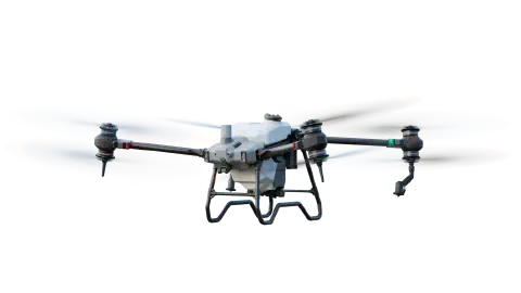 drone agrícola pulverizador em pleno voo, destacado sobre um fundo transparente. O equipamento, de design m