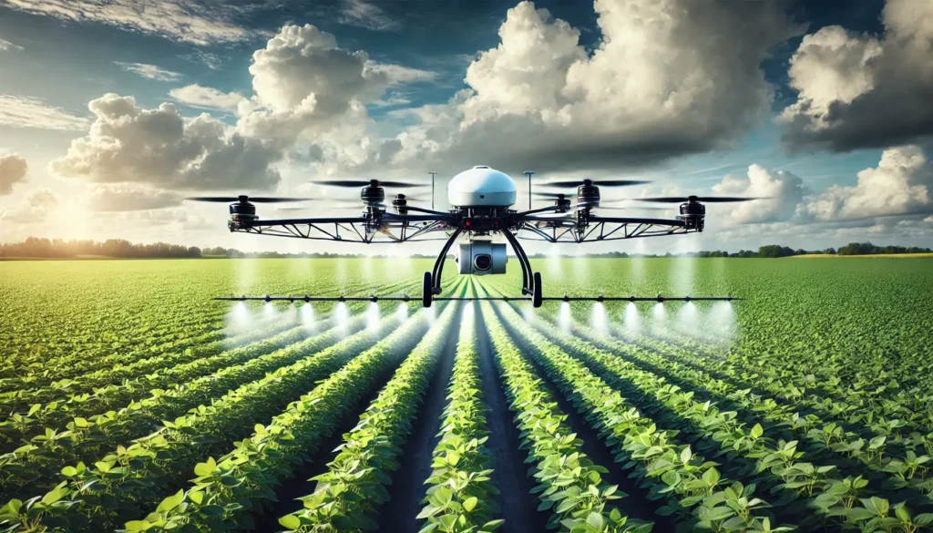 Drone Agrícola: Tecnologia na Pulverização de Lavouras drone agrícola moderno, de cor branca e preta, sobrevoando a baixa altitude uma extensa lavoura de soja. As