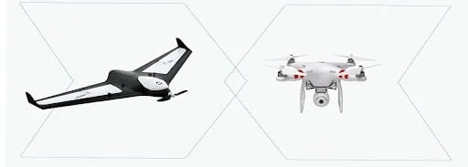 dois tipos distintos de drones sobre um fundo branco minimalista, com linhas geométricas que os separam e cone