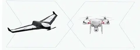 dois tipos distintos de drones sobre um fundo branco minimalista, com linhas geométricas que os separam e cone