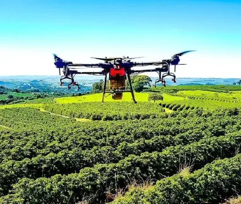 drone agrícola de grande porte em pleno voo, pairando sobre uma extensa plantação de café. A lavoura, com s