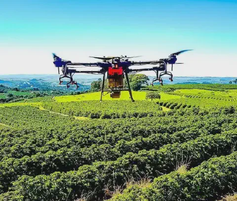 drone agrícola de grande porte em pleno voo, pairando sobre uma extensa plantação de café. A lavoura, com s