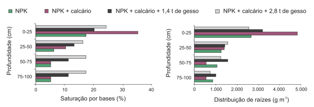 Efeito da Gessagem no Perfil do Solo e Sistema Radicular A imagem apresenta dois gráficos de barras horizontais que comparam os efeitos de diferentes tratamentos de fertilização e co