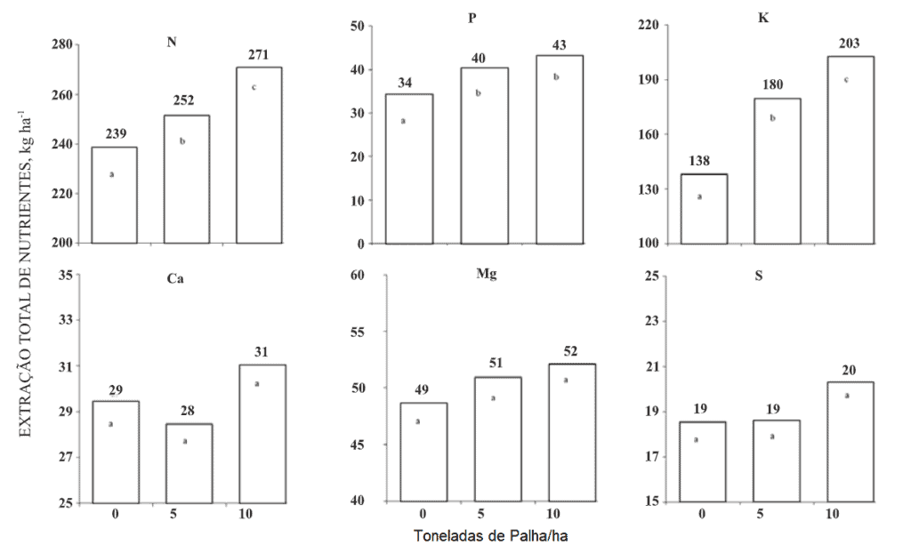 conjunto de seis gráficos de barras que ilustram os resultados de um estudo sobre a extração total de nutri