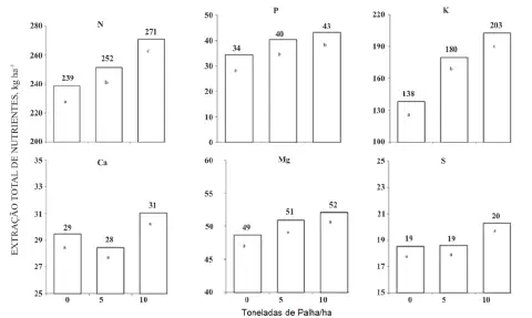 conjunto de seis gráficos de barras que ilustram os resultados de um estudo sobre a extração total de nutri