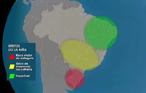 mapa da América do Sul, com foco no Brasil, ilustrando os efeitos do fenômeno climático La Niña em diferent