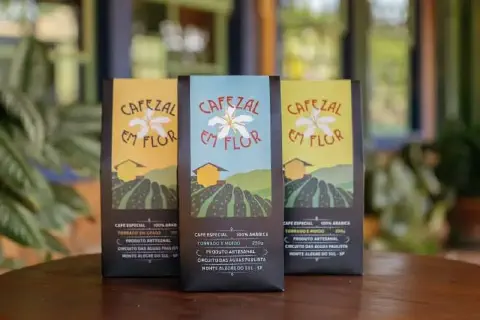 três embalagens de café da marca 'Cafezal em Flor', posicionadas verticalmente sobre uma superfície de madeira