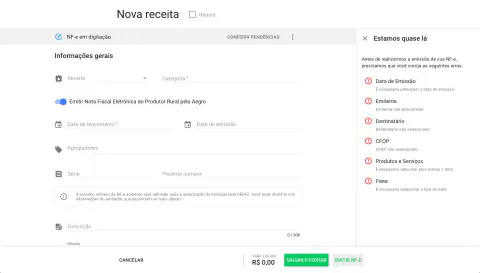 a interface do software de gestão agrícola Aegro, especificamente a tela de criação de uma &amp;quot;Nova receita&amp;quot;. O l