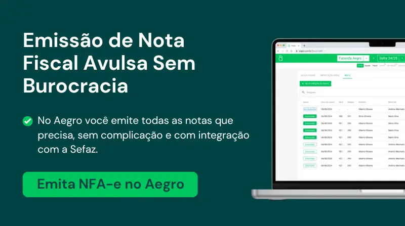 Emissão de NFA-e Simples e Rápida no Software Aegro material promocional do software de gestão rural Aegro, destacando a funcionalidade de emissão de Nota Fiscal A