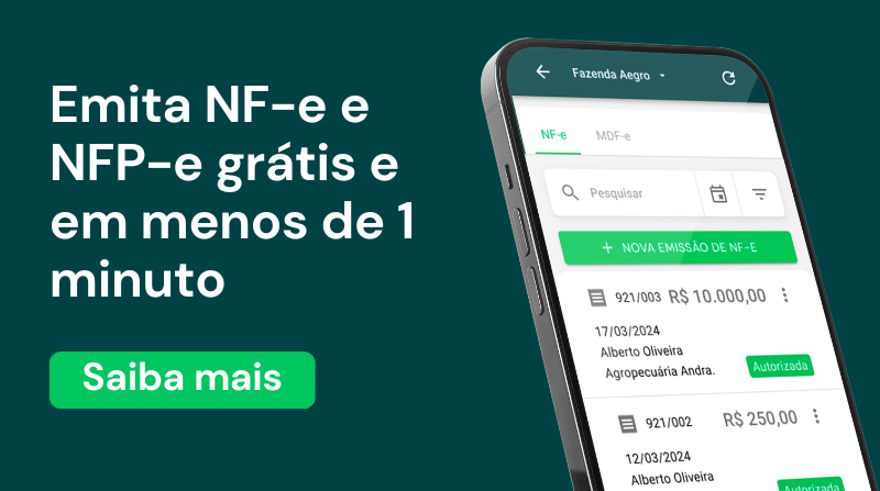 Emissor de NF-e e NFP-e Grátis para o Agronegócio | Aegro material promocional do software Aegro, dividida em duas partes. À esquerda, sobre um fundo verde escuro, um te
