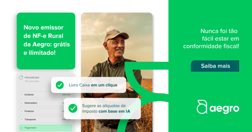 Emissor de NF-e Rural Grátis e Ilimitado | Aegro material publicitário do software de gestão rural Aegro, destacando o lançamento de seu novo emissor de Nota Fi