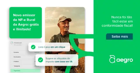 material publicitário do software de gestão rural Aegro, destacando o lançamento de seu novo emissor de Nota Fi