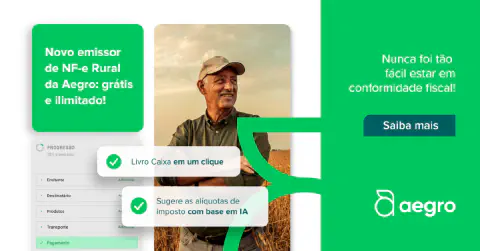 material publicitário do software de gestão rural Aegro, destacando o lançamento de seu novo emissor de Nota Fi