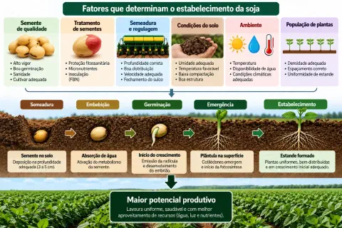 Figura 2. Fatores que determinam o estabelecimento da soja e as etapas de formação do estande.