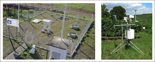 comparativo entre dois tipos de estações meteorológicas utilizadas no contexto agrícola. À esquerda, vemos
