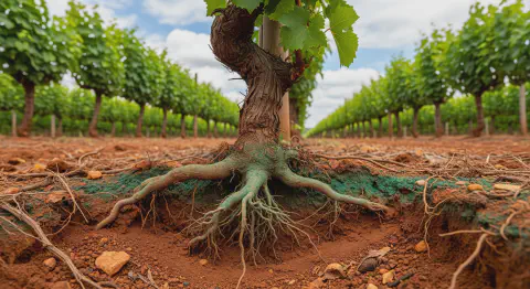 Videiras em solos com diferentes teores de cobre e raízes necrosadas por excesso do nutriente