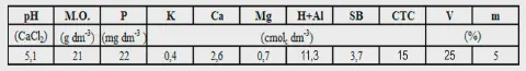 uma tabela detalhada com os resultados de uma análise química de solo, uma ferramenta diagnóstica essencial na