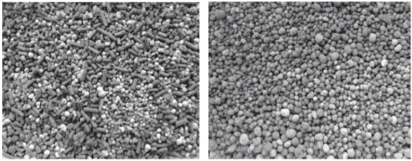 comparação visual, lado a lado, de dois tipos de fertilizantes sólidos em preto e branco. À esquerda,
