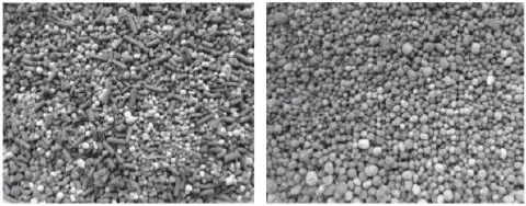 comparação visual, lado a lado, de dois tipos de fertilizantes sólidos em preto e branco. À esquerda,