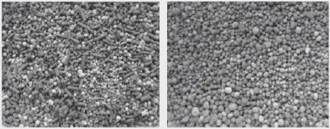 comparação visual, lado a lado, de dois tipos de fertilizantes sólidos em preto e branco. À esquerda,