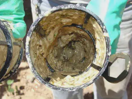 Filtro de pulverizador entupido: como evitar problemas na calda close-up do interior de um filtro de um pulverizador agrícola, que está severamente obstruído. As paredes i