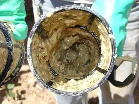 close-up do interior de um filtro de linha de um pulverizador agrícola, sendo segurado por uma pessoa com l