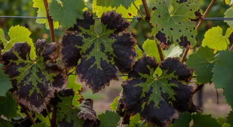 Folhas de uva com fitotoxicidade causada por excesso de cobre
