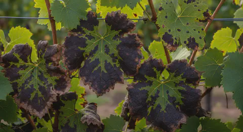 Folhas de uva com fitotoxicidade causada por excesso de cobre