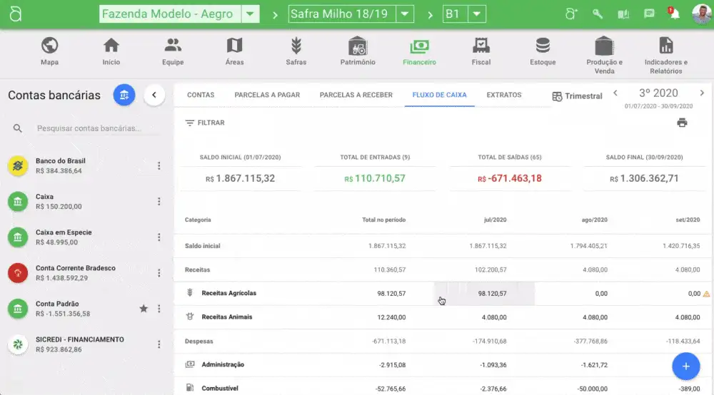 Fluxo de caixa no software Aegro