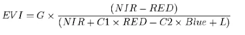 a fórmula matemática para o cálculo do Índice de Vegetação Melhorado (EVI - Enhanced Vegetation Index). Este í
