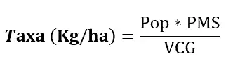 a fórmula matemática para o cálculo da taxa de semeadura em quilogramas por hectare (Kg/ha). Esta é uma equaçã