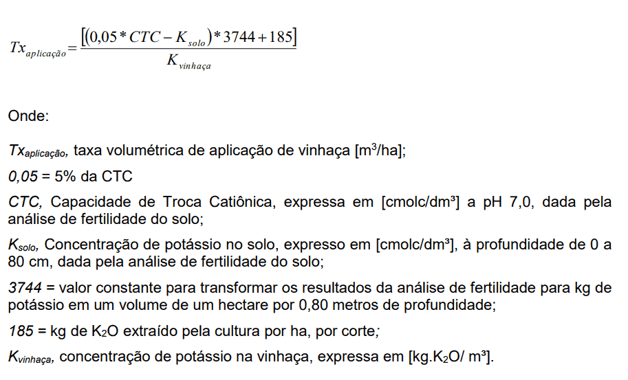 uma fórmula agronômica detalhada para o cálculo da taxa de aplicação de vinhaça, um subproduto da produção de