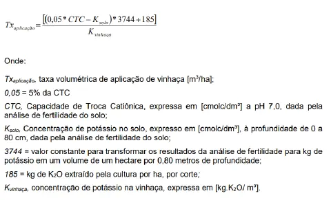 uma fórmula agronômica detalhada para o cálculo da taxa de aplicação de vinhaça, um subproduto da produção de