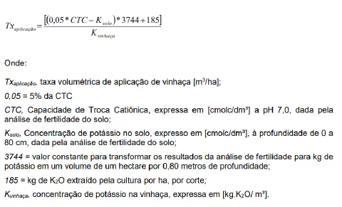 uma fórmula agronômica detalhada para o cálculo da taxa de aplicação de vinhaça, um subproduto da produção de