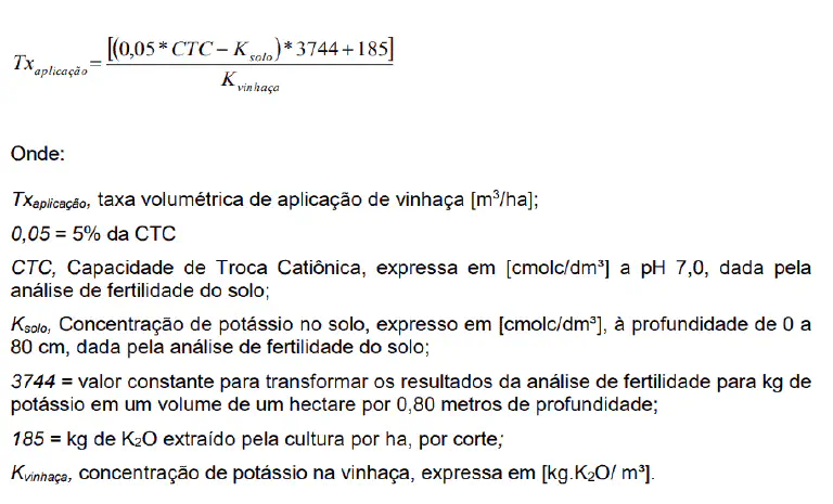 uma fórmula agronômica detalhada para o cálculo da taxa de aplicação de vinhaça, um subproduto da produção de