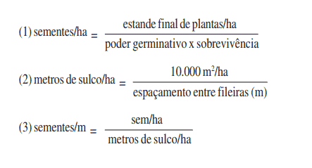 três fórmulas agronômicas essenciais, numeradas de 1 a 3, para o cálculo da densidade de semeadura em uma lavo